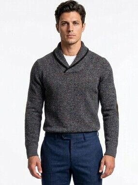 Thirty-Five Kent Cashmere Shawl Collar Sweater Charcoal Gray Elbow Patches M